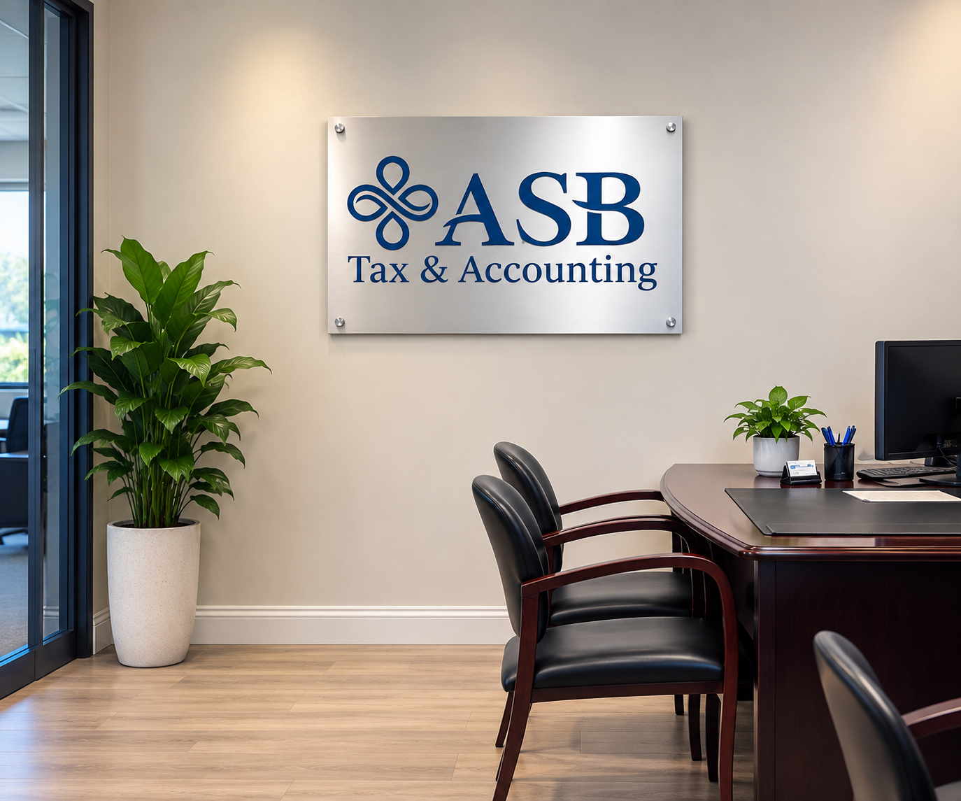 ASB Tax & Accounting office in Oxnard with company sign and client seating area.